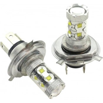 H4 autolamp set | LED koplamp 50 Watt | 10-SMD xenonwit 6000K met lens | 12-24V