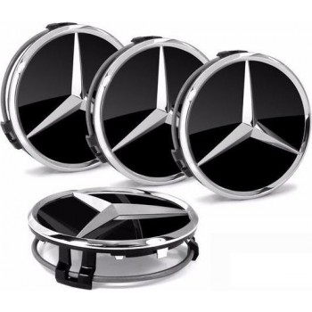 Set van 4 Mercedes naafdoppen 76mm zwart glans