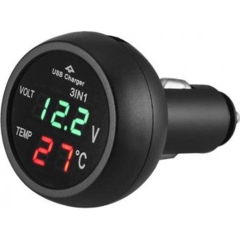 VST 3-in-1 Voltmeter Auto - Thermometer - USB-Lader - Groen Display - 12V/24V - Autolader