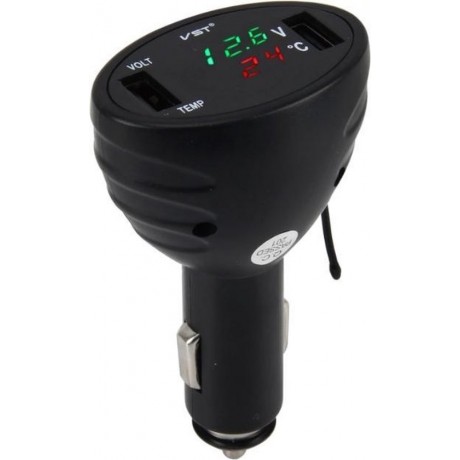 VST Double Charger 3-in-1 Voltmeter Auto - Thermometer - USB-Lader - Groen Display - 12V/24V - Autolader
