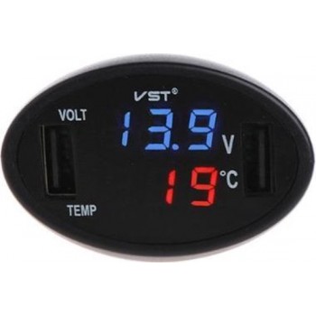 VST Double Charger 3-in-1 Voltmeter Auto - Thermometer - USB-Lader - Blauw Display - 12V/24V - Autolader