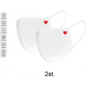 2x wit katoen wasbaar rode hartjes mondmasker met plaats voor filter