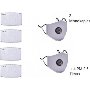 Professionele Duurzame en Herbruikbare Mondkapjes – 2 Stuks - met 4 Filters – Wasbaar - Gezichtsmasker - Mondmasker - Grijs