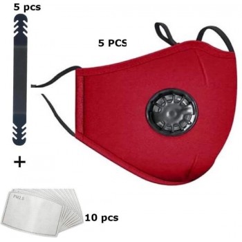 5 pack mondmasker - mondkapje met ademfilter rood - complete set