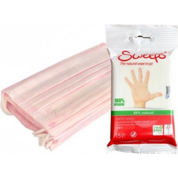 50 Roze Wegwerp Mondkapjes met Duurzame Desinfectiedoekjes | Groen Product