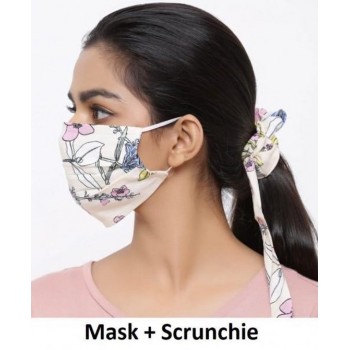Fashion wasbaar katoenen mondmasker - mondkapje met Scrunchie - bloemen beige