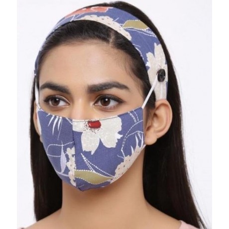 Fashion wasbaar katoenen mondmasker - mondkapje met haarband  - bloemen blauw