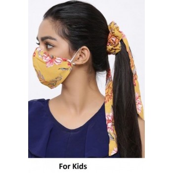 Fashion wasbaar katoenen kinder mondmasker - mondkapje met Scrunchie - bloemen geel