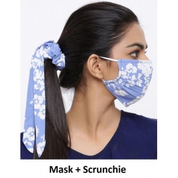 Fashion wasbaar katoenen mondmasker - mondkapje met Scrunchie - bloemen blauw
