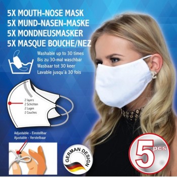 Wasbaar Mondkapje - Herbruikbaar Mondmasker - Face Mask - Niet-Medisch - Set van 5 Stuks - 2 Lagen - Wit